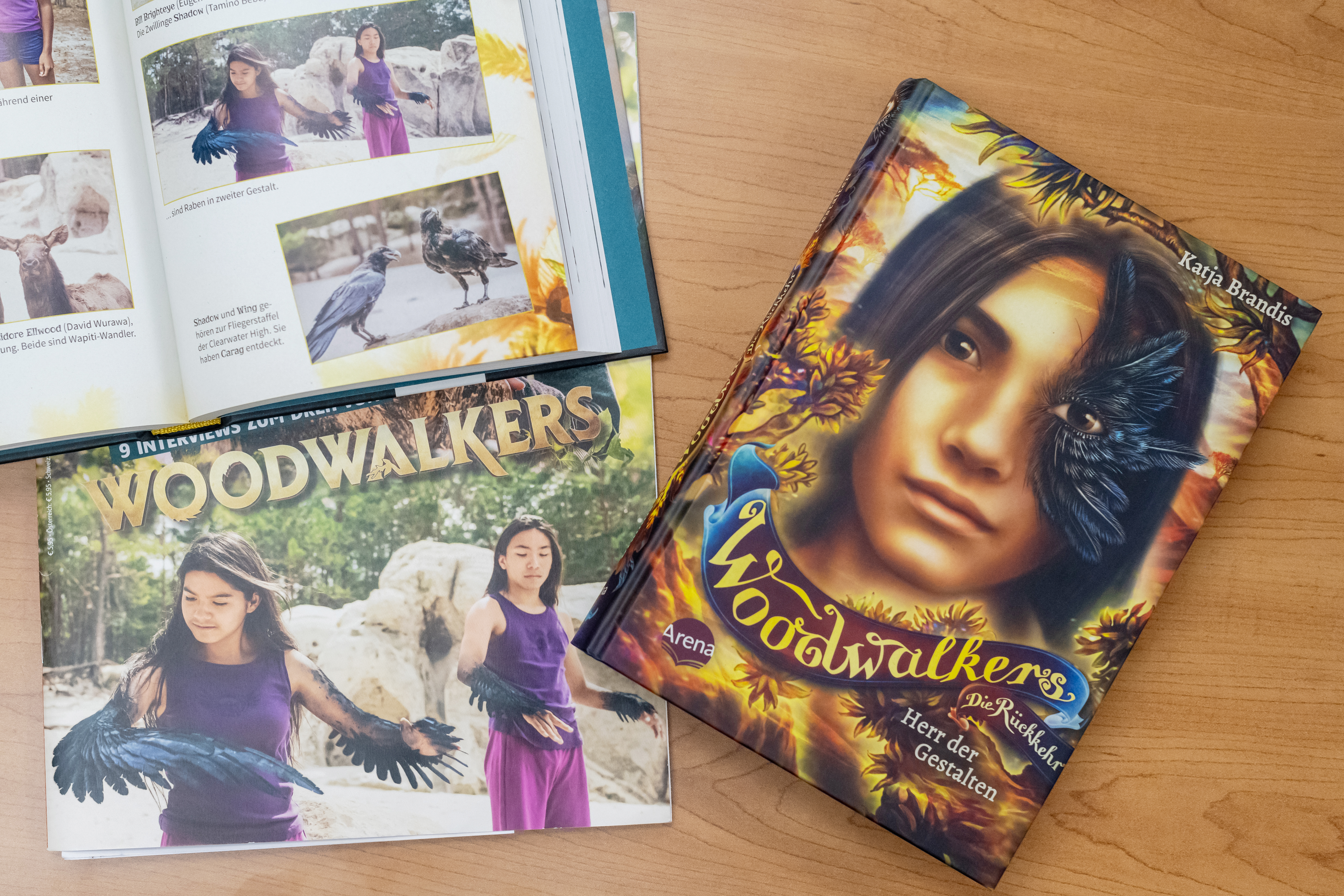 At left, a German teen magazine includes an image of Tamino Beba in "Woodwalkers." The movie is based on the German novel at right. The cover depicts Tamino's character, Shadow Feather.