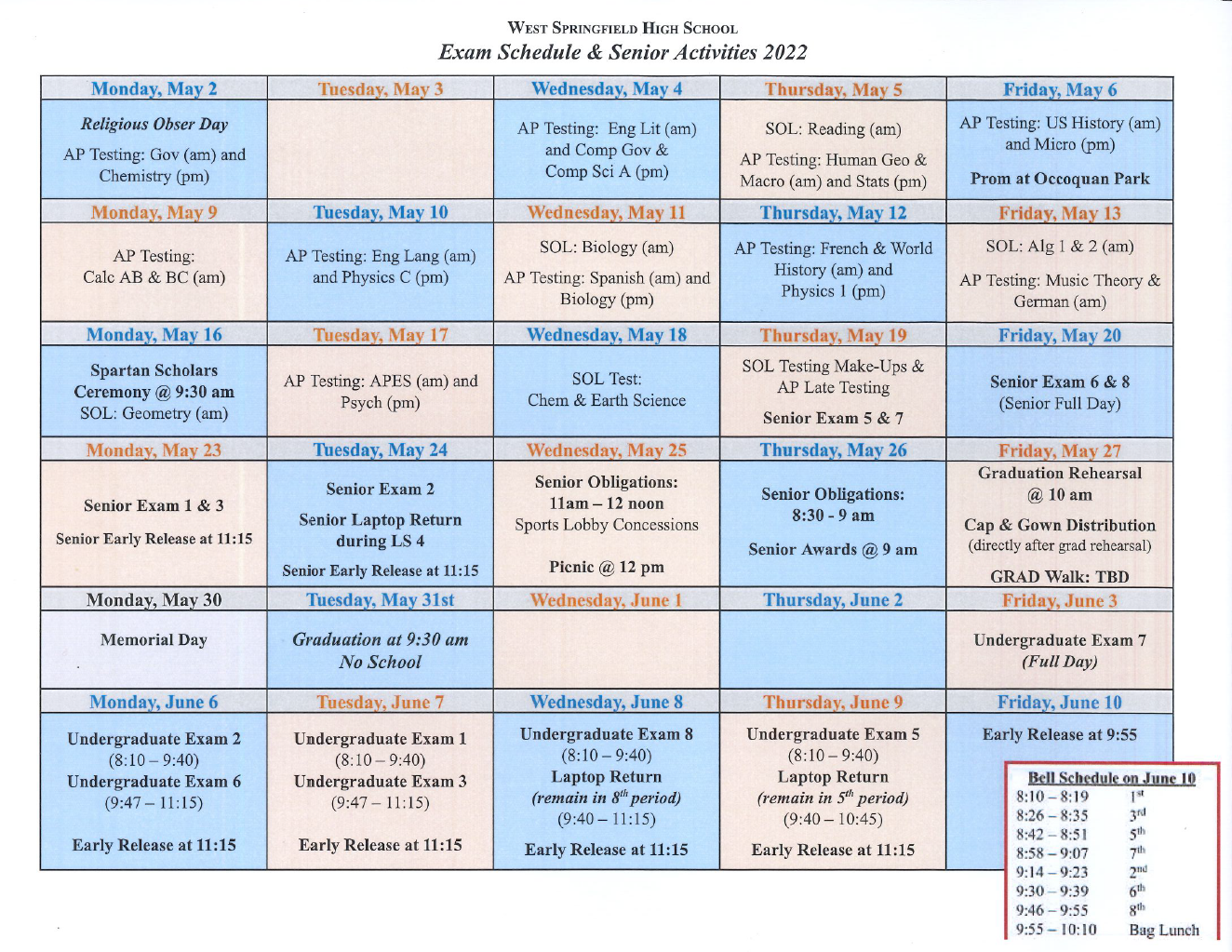 Exam Schedule & Senior Activities 2022