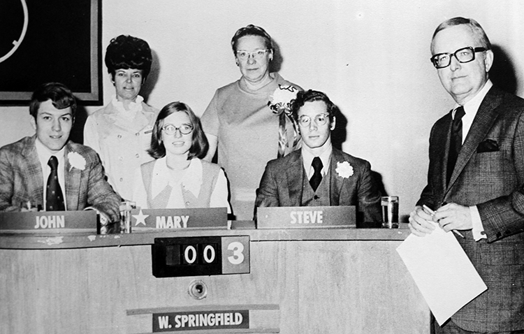 Black and white photograph showing the It’s Academic Club at a competition in 1970.