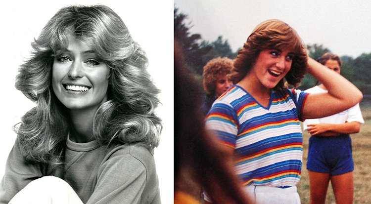 Black and white portrait of actress Farrah Fawcett on the left and West Springfield High School student Stacey Trapp on the right. They have similar hair styles.
