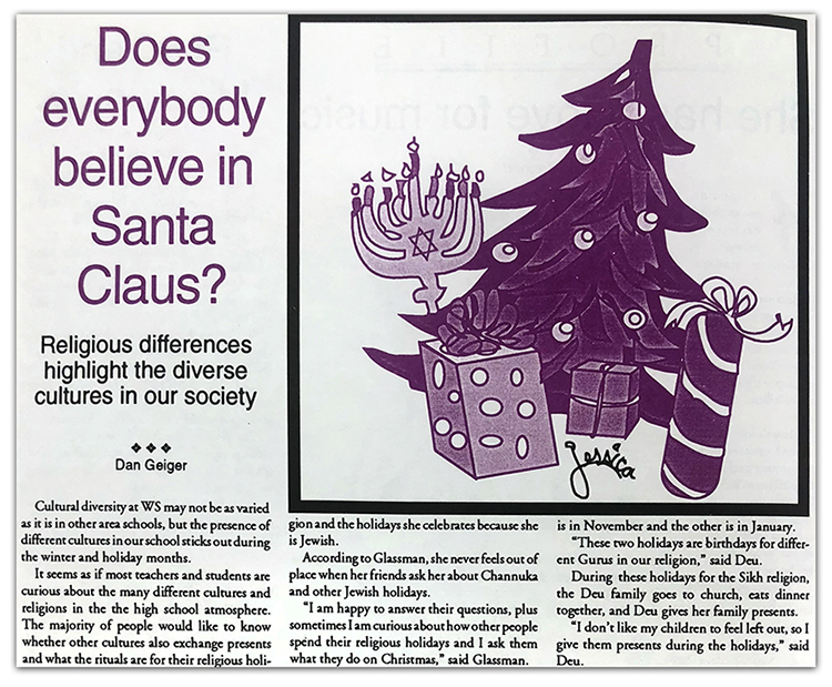 Photograph of an article in the Oracle newspaper about religious holidays and diversity among the students of West Springfield.