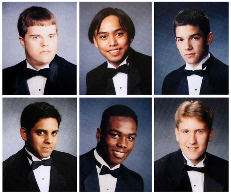 Photograph of a West Springfield yearbook page depicting men's hairstyles from the mid-1990s.