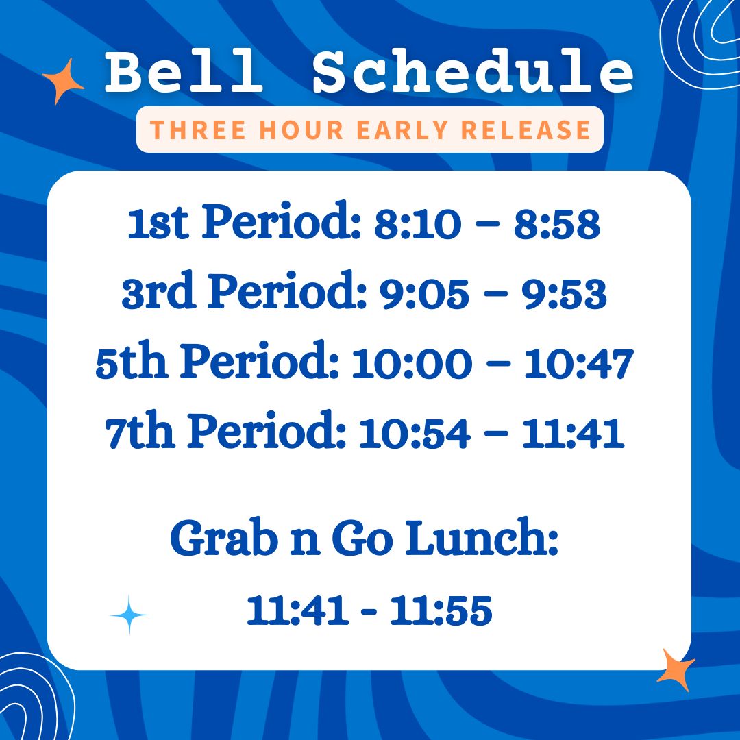 Three hour early release bell schedule. 1st Period: 8:10 – 8:58. 3rd Period: 9:05 – 9:53. 5th Period: 10:00 – 10:47. 7th Period: 10:54 – 11:41. Grab n Go Lunch: 11:41 - 11:55