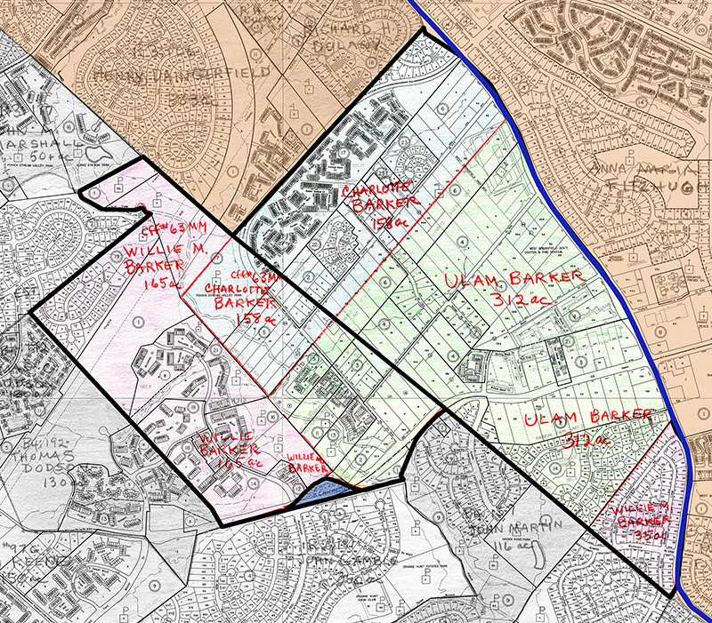 Map showing the Barker family land holdings in the West Springfield area.