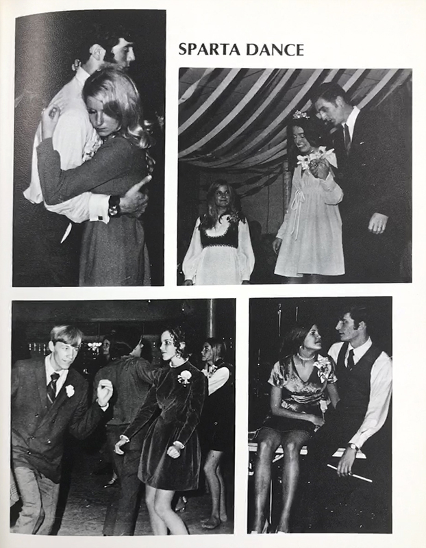 Page from a West Springfield High School yearbook showing images from a Sparta Dance.