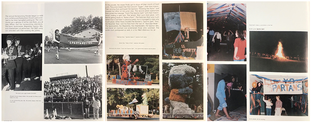 Images from three West Springfield High School yearbook showing homecoming week activities such as the parade, bonfire, and dance.