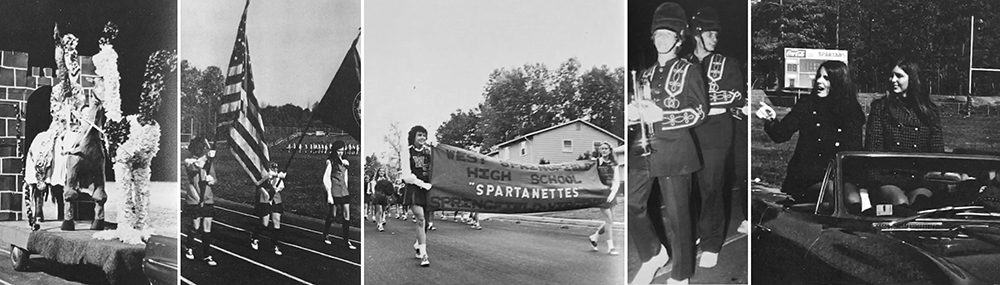 Collage of five black and white photographs of homecoming activities pictures in a West Springfield High School yearbooks.